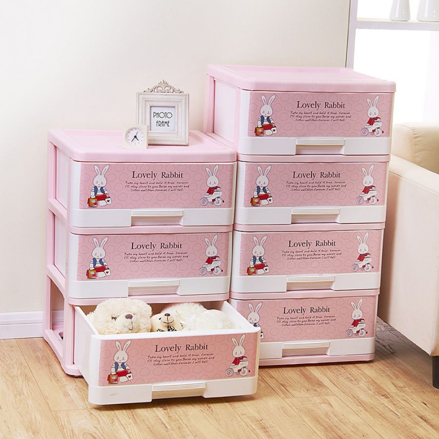 Pink Lovely Rabbit Plastic Drawer Storage Cabinet